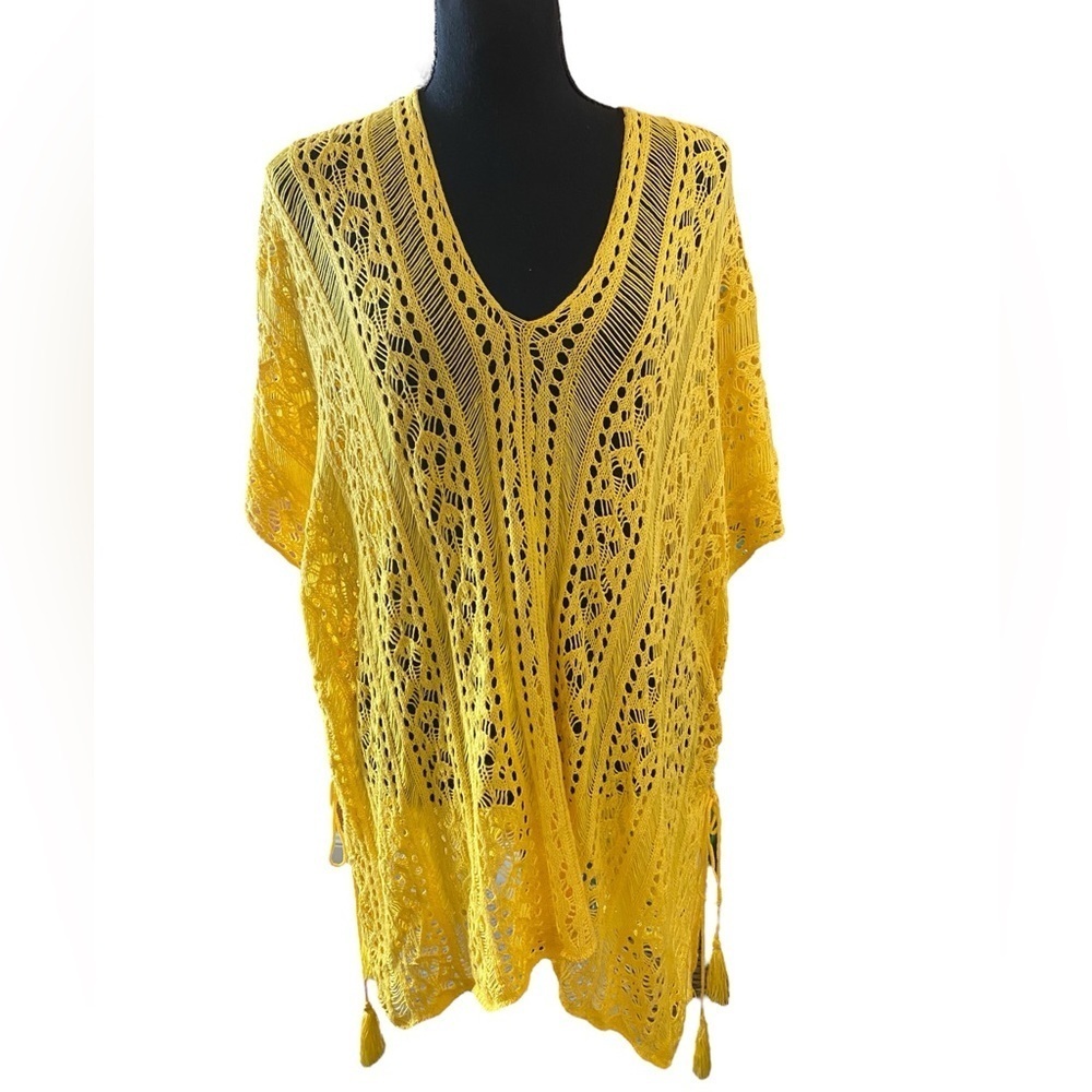 Yellow Open Crochet Knit Beach Cover-Up with Fringe Side Tassels OSFM